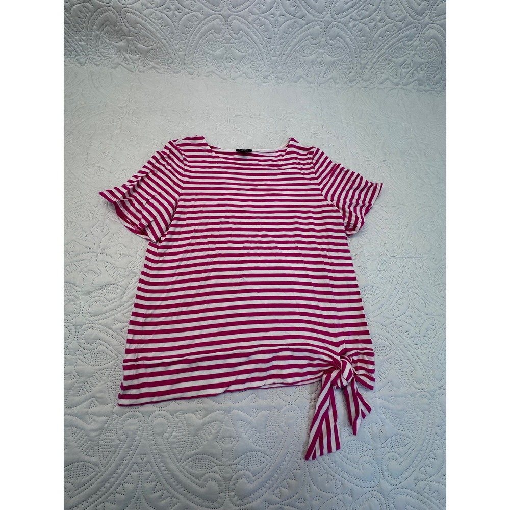 Talbots Petites Pink White Striped Side Tie Short Sleeve Top MP Rayon Spandex